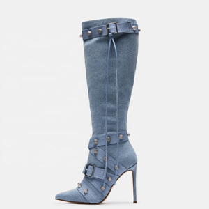 New Trending Silver Side Zipper Women's Knee High <b>Boots</b> Pointed Toe Metal Studded Cross Straps Long Booties Stiletto Heel Denim - Product Image 2