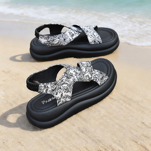 Sandalias informales con plataforma y suela gruesa para mujer, estampado floral, correa cruzada, correa trasera, calzado cómodo para la playa para el día a día - Product Image 4