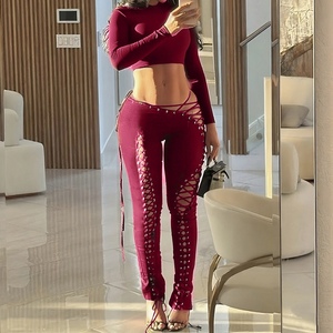 New Women's Long-Sleeve Top With <b>Sexy</b> Lace-Up Cutouts & Skinny Leggings 2-Piece <b>Set</b> Fashion - Product Image 6