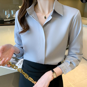 Camicie di seta da donna camicetta <span class=keywords><strong>bianca</strong></span> a maniche lunghe da ufficio camicetta in <span class=keywords><strong>raso</strong></span> top taglie forti da donna camicia di base semplice temperamento Chiffon - Product Image 5