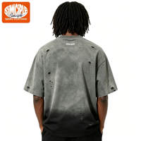T-shirt Oversize Streetwear Uni à Effet Dégradé et Délavé à l'Acide, avec Trous Déchirés et Peinture Pulvérisée, Coupe Boxy, en Jersey 100% Coton Filé à Anneaux