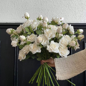 <b>Artificial</b> Silk <b>Roses</b> <b>Rose</b> Pink Multi Headed Burnt Edge Wedding Decor High Simulation Single Branch Reusable - Product Image 2