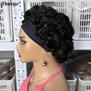 Perruque mi-tête courte bouclée sans colle <span class=keywords><strong>avec</strong></span> <span class=keywords><strong>bandeau</strong></span> transparent, sans dentelle frontale, fabriquée à la machine, en cheveux humains vierges Remy, prête à porter - Product Image 5
