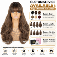 Perruque synthétique longue ondulée brune avec frange complète, en fibre haute température, sans colle, aspect naturel, pour femmes, fournisseur en gros d'usine
