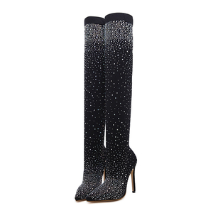2025 Runway Fashion Hot Sale Women's Crystal Stretch Fabric Sock Boots Pointed Toe Knee-Heel Thigh High for Winter - Product Image 2