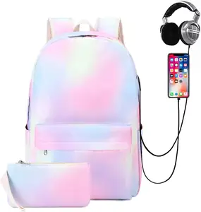 Mochila de luxo arco-íris feminina, mochila casual de viagem com porta de carregamento usb