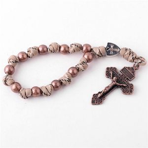 Pulseras de <span class=keywords><strong>Rosario</strong></span> metálicas coloridas, Cruz católica de Jesucristo, cuerda de paraguas, cuentas de oración tejidas, joyería cruzada - Product Image 2