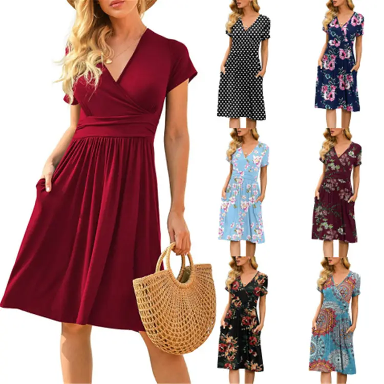 Spring/summer Womens Clothing Printed Casual Short Sleeve Pocket Women Dress Loose Midi Dress Natural OEM Service Simple Adults