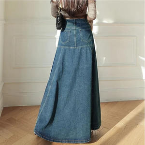 تنورة جينز نسائية جديدة بطول متوسط مع أزرار، تنورة واسعة بخصر مرتفع للنساء، تنورة كاجوال بغسيل ثقيل على شكل حرف A - Product Image 3