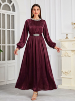 Robe Abaya Musulmane Élégante en Satin Polyester Brillant, Ornée de Strass, Manches Longues, Robe de Soirée Maxi, Ceinture en Strass pour Femmes