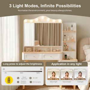 Modern LED <b>Vanity</b> Mirror 2 USB Ports 3 Drawers Foldable 3-Sided Design Adjustable Brightness Hotel Use Solid Wood MDF - Product Image 5
