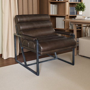 Fauteuil <span class=keywords><strong>d</strong></span>'<span class=keywords><strong>appoint</strong></span> au design du milieu du siècle en métal noir avec fauteuil capitonné en cuir véritable pour la maison, le bureau, l'hôtel, les loisirs, usage occasionnel - Product Image 1