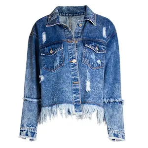 Grosir jaket Jeans pendek wanita kasual katun 100% jaket Denim Crop berjumbai