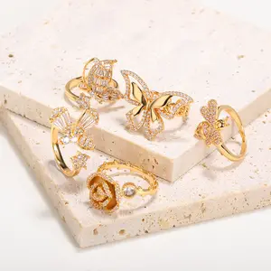 Go Party Trendy Fashion Inlaid Zircon Adjustable Opening Rose Flower Rings Creative Cute Bee Rings Lovely Butterfly Ring Women