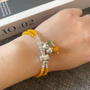 Bracelet double cercle en ambre, argent S925, élastique, style rétro chinois, bijoux pour femmes, cadeau, bracelet à cordon tendance - Product Image 2