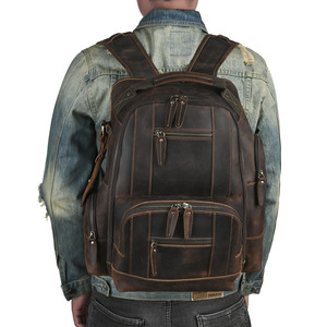 Crazy Horse Leather <b>Backpack</b> Men Large Capacity Retro Genuine Leather Travel <b>Backpack</b> Dark <b>Brown</b> Light <b>Brown</b> - Product Image 1