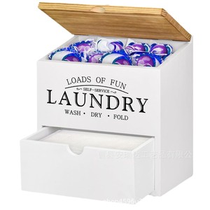 Laundry Detergent Pod <b>Storage</b> <b>Box</b> With Drawer Wooden Flip Top Cover Rectangle Shape Household Organizer For Wash Dry <b>Fold</b> - Product Image 5