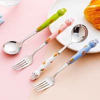 Ensemble de cuillères et fourchettes en acier inoxydable 304 avec manche en céramique, motifs chat, patte, canard, lapin, pour dessert, café, thé, fruits, ustensiles de table à domicile