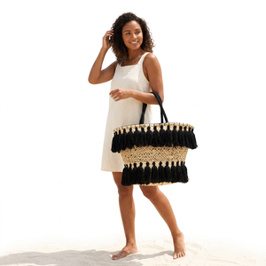 OEM ODM Factory Supplier Handcrafted Bohemian Woven Straw <b>Tote</b> <b>Bag</b> Cotton Lining Black Tassels Handmade <b>Summer</b> Solid Color - Product Image 5