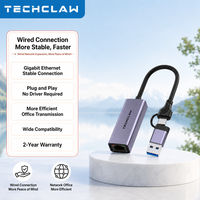 Adaptador USB 3.0 Tipo C Gigabit Ethernet 2 en 1, Tarjeta de Red USB-A RJ45 Lan, Adaptador Ethernet USB-C de 1000Mbps para Computadora Portátil