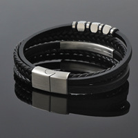 Bracelet en cuir tressé géométrique multicouche en tungstène pour homme avec boucle magnétique – Style épuré