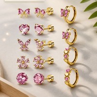 Juego de Aretes de Aro de Acero Inoxidable con Baño de Oro y Circonitas, Diseño de Mariposa, Corazón y Flor, Joyería para Piercing de Cartílago, Regalo para Mujer