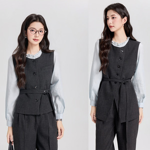 Women's Waist Cinching Vest And Wide Leg Pants <b>Set</b> Spring Autumn Korean Style Casual Suit Full Sleeve Solid Color - Product Image 1