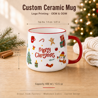 Mug en céramique de Noël avec logo personnalisé, OEM ODM, tasse à café imprimée, bord rouge, poignée, vente en gros, mugs cadeaux, directement de l'usine