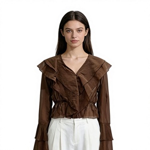 Trendige Damen-Bluse mit V-Ausschnitt und Rüschen, Einreihig mit Knöpfen, Ausgestellte Ärmel, Tailliertes Trainingsshirt - Product Image 1