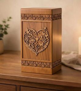 Wholesale Traditional Solid Wood <b>Memorial</b> Urn with Hand Carved Heart Design Cremation Ashes <b>Box</b> For Human Ash - Product Image 1