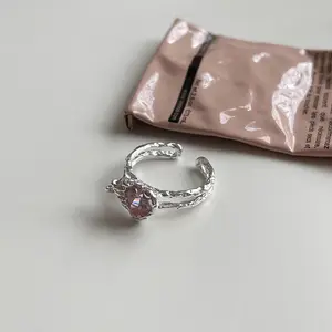 VIANRLA 925 Sterling Silver Heart Pink Zircon Ring Open Adjustable Ring Y2k