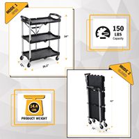 Chariot de service pliable à 3 niveaux Pack-N-Roll, plateforme OEM, capacité 150 lb, roues silencieuses, plastique, pour maison, bureau, restaurant, entrepôt