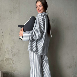 Wholesale Women Casual Knee Short Solid Heat-Transfer Printed Pants <b>Set</b> Long Sleeve Spring Eco-Friendly Loungewear Homewear - Product Image 3