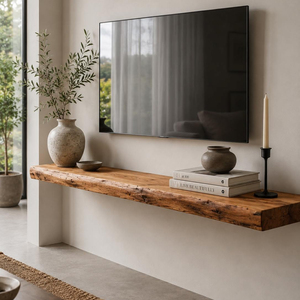 Étagère TV <span class=keywords><strong>flottante</strong></span> en <span class=keywords><strong>bois</strong></span> foncé, style rustique, éclairage chaleureux, décoration en <span class=keywords><strong>bois</strong></span>, grand rangement, banc TV avec supports métalliques - Product Image 4