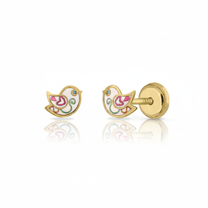 Orecchini in oro per bambini con smalto Design uccello gioielli per bambini - Product Image 2