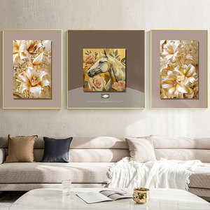 <span class=keywords><strong>Peinture</strong></span> Murale en Gros HD Imprimée en Relief pour Chambre et Salon, Décoration Murale <span class=keywords><strong>Triptyque</strong></span> Luxe Transitions Fleur et Cheval - Product Image 2