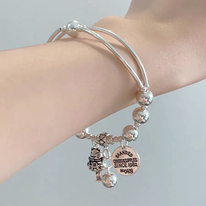 Lucky Cat Round <b>Bead</b> Bracelet S925 Sterling <b>Silver</b> Vintage Style Elastic Cord Women's Jewelry Everyday Wear - Product Image 3