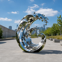 Sculpture moderne abstraite en acier inoxydable poli miroir, motif vague océanique, ornement paysager extérieur, statue d'art métallique