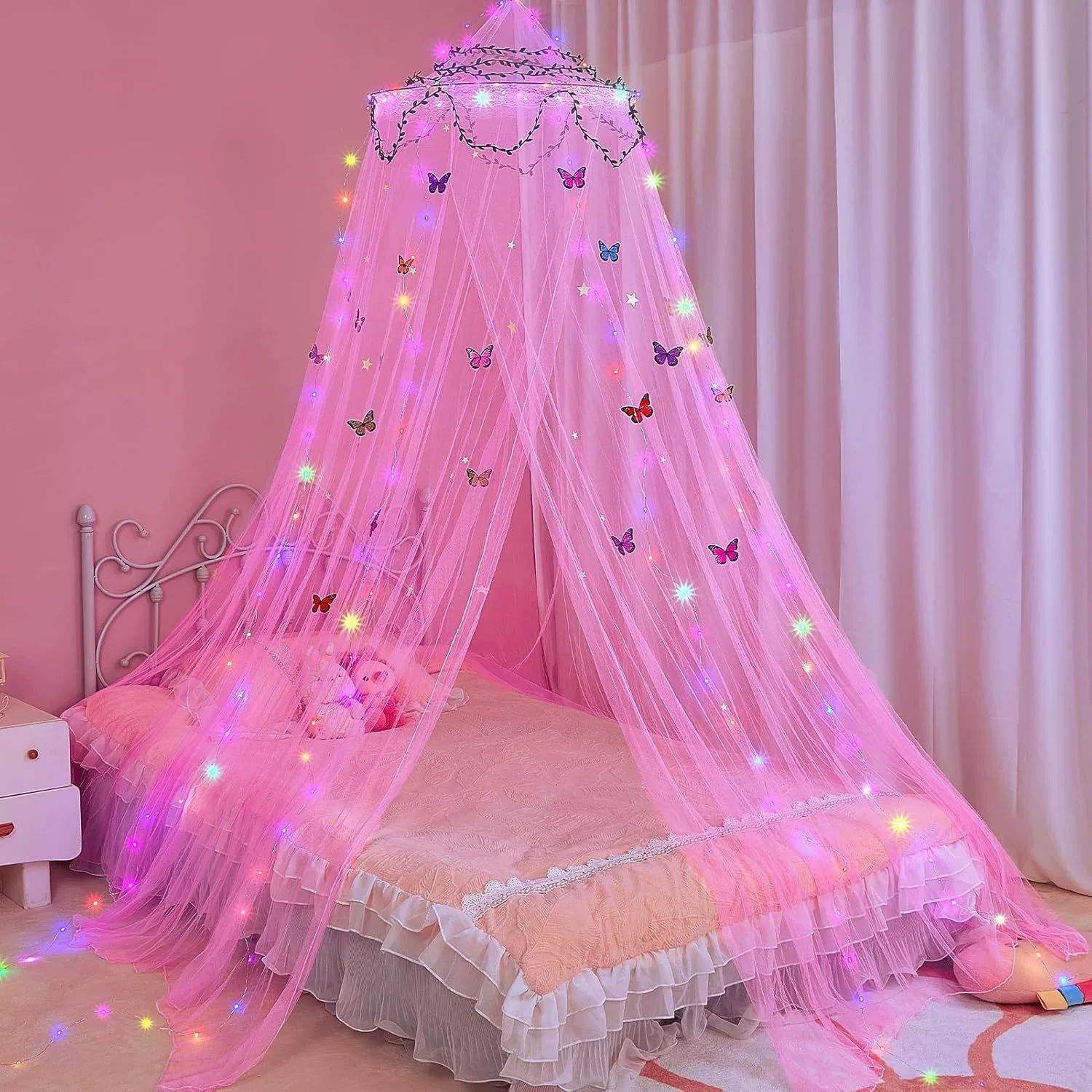 Pink mosquito net (hook, vine, leaf, butterfly)