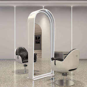 Luxury Barber Salon Glass Mirror Stand Modern Simple LED Lighted Salon Hair Cutting Mirror for Bedroom & <b>Outdoor</b> Use - Product Image 2