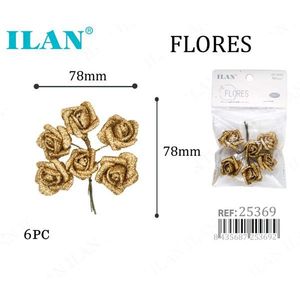 Ilan Flores Rose Dorate Glitterate 78mm 6 Pezzi per Decorazioni Artigianali - Product Image 1