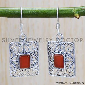 ขายส่งจากโรงงานโดยตรง เครื่องประดับเงินแท้ 925 ประดับพลอยคาร์เนเลียนทรงเหลี่ยมมรกต ต่างหูเงินคุณภาพดี ขายส่งเครื่องประดับเงิน - Product Image 2