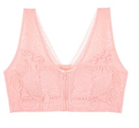 KOSTENLOSE MUSTER Drahtloser Reißverschluss-BH aus Damen spitze drückt die Büste hoch. Hochwertige Blumen stickerei vorne offen und schließen sexy BH