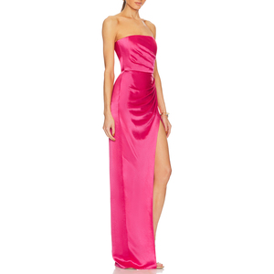 Kadınlar özel askısız sıcak pembe gömme Bodycon elbisesi klasik yumuşak ipek saten seksi ön yarık abiye bayanlar için - Product Image 2
