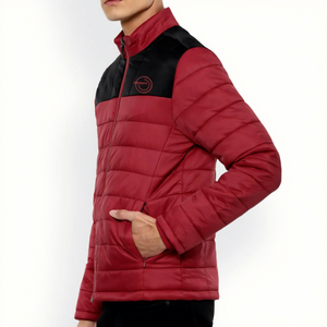 Men's Red Black Color Block Puffer Jacket Stand Collar Zipper Closure Windproof Casual Winter Jacket Regular Sleeve - Product Image 6