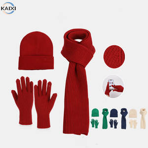 Wholesale Custom Logo Winter Outdoor Sports Solid Beanie <strong>Gloves</strong> Scarf Set for Women Warm 3 Pcs Hat Scarf With Touchscreen <strong>Gloves</strong> - Product Image 1