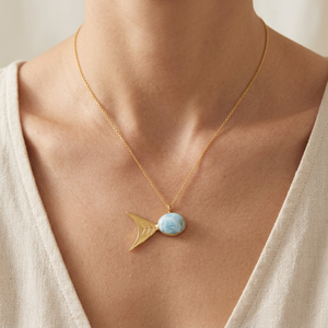 Pendentif poisson en larimar naturel, bijoux personnalisés, laiton massif plaqué or 18 carats, chaîne en câble, cabochon ovale, pierre précieuse, pour femmes - Product Image 3