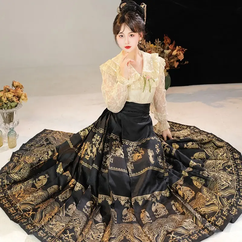 New Chinese Style High Waist A-Line Pleated Skirt Traje De Falda Con Cara De Caballo Hanfu Improved Women Horse Face Skirt Suit