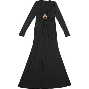 Abito lungo da donna <span class=keywords><strong>nero</strong></span> <span class=keywords><strong>con</strong></span> scollo a V profondo - <span class=keywords><strong>Vestito</strong></span> maxi a maniche lunghe <span class=keywords><strong>con</strong></span> vita arricciata e dettagli in metallo dorato Sehe Fashion - Product Image 6