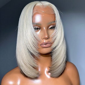 Perruques en dentelle à coupe courte et droite pour femmes, perruques en dentelle frontale blonde blanche, cheveux humains 100% européens, 10-16 pouces, 150% - Product Image 2